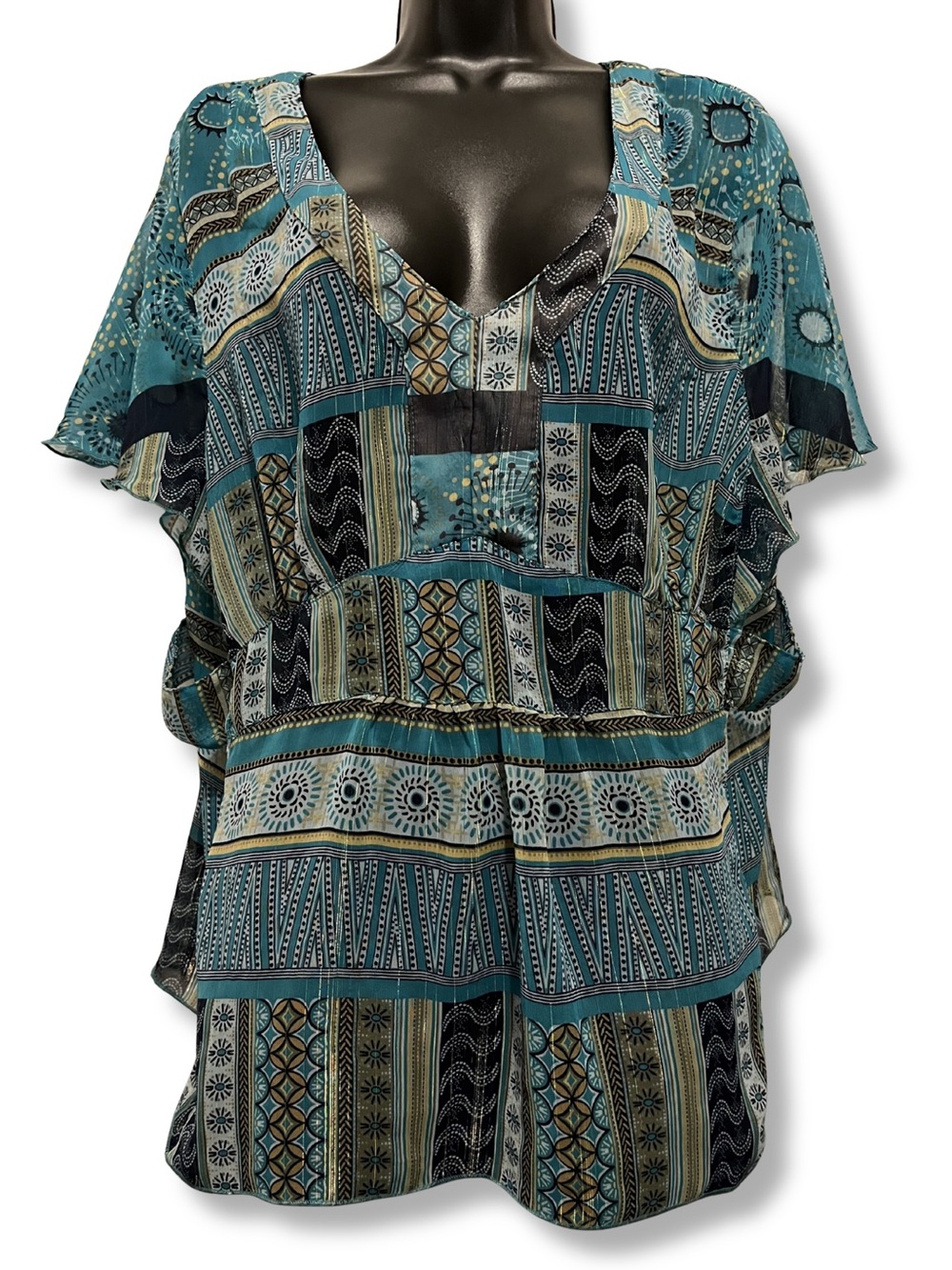 Faded Glory Teal & Black Patterned V-Neck Tunic
